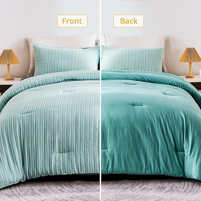 ENCOFT Green Comforter Set King, 3 Pieces King Bedding Comforter Set, Boho Striped Comforter with 2 Pillowcases, Soft Microfiber Lightweight Farmhouse Comforter Set King, 104" x 90" - LeafyLoom