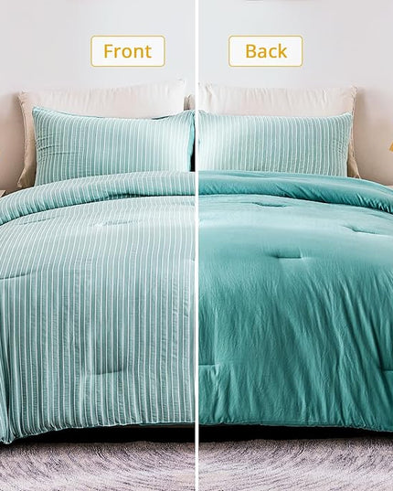 ENCOFT Comforter Queen Size, 3 Piece Textured Seafoam Green Comforter for Queen Size Bed, Soft Microfiber Lightweight White Striped Boho Comforter Set Queen, 90"x90" - LeafyLoom