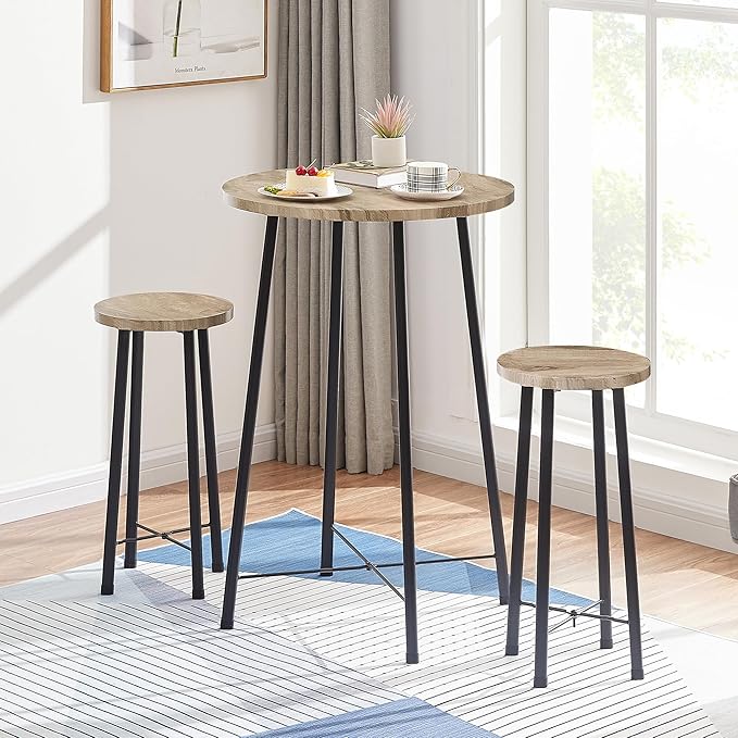 VECELO Small Bar Table and Chairs, Round Bistro Sets with 2 barstools, 3-Piece Pub Dining Furniture, Counter Height Wood Top for Breakfast Dinner Coffee Nap Conference, Easy Assembly,Maple - LeafyLoom
