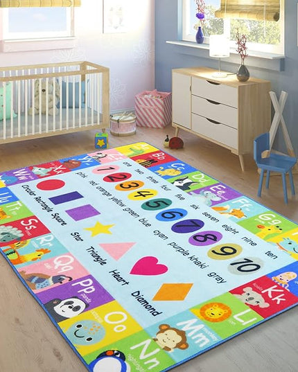 HEBE Kids Play Rug 4'x6' ABC Alphabet Numbers Shapes Educational Kid Area Rug Washable Baby Crawling Mat Non Slip Kid Play Mat Carpet for Girl Boy Bedroom Playroom - LeafyLoom