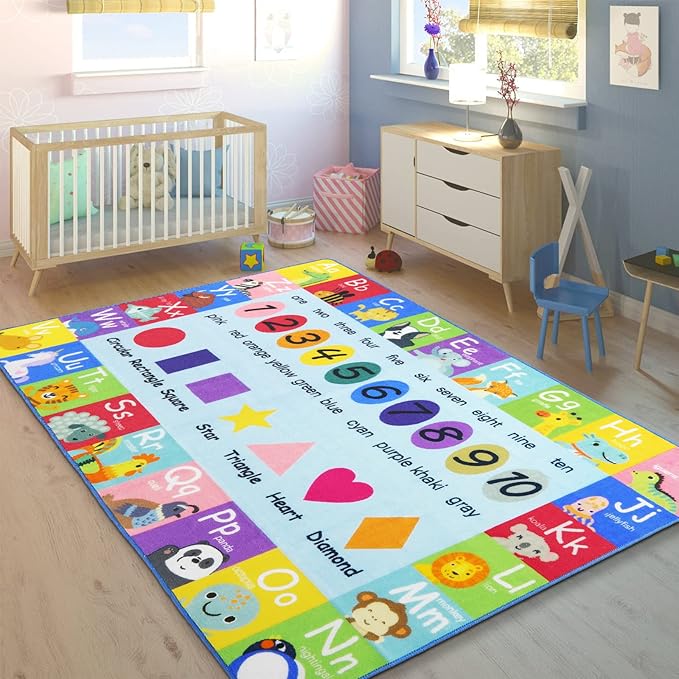 HEBE Kids Play Rug 4'x6' ABC Alphabet Numbers Shapes Educational Kid Area Rug Washable Baby Crawling Mat Non Slip Kid Play Mat Carpet for Girl Boy Bedroom Playroom - LeafyLoom