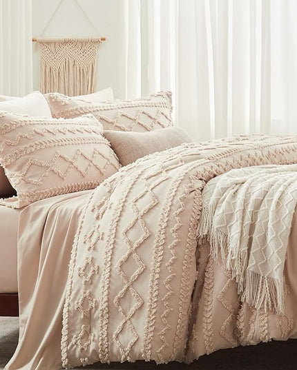 Anluoer Queen Comforter Set 7 Pieces, Beige Tufted Bed in a Bag with comforters and sheets, All Season Bedding Sets with 1 Comforter, 2 PillowShams, 2 Pillowcases, 1 Flat Sheet, 1 Fitted Sheet - LeafyLoom