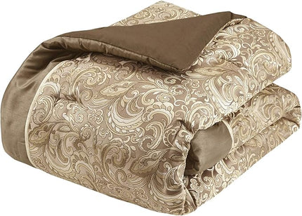 Madison Park Essentials Brystol 24 Piece Room in a Bag Faux Silk Comforter Jacquard Paisley Design Matching Curtains Down Alternative Hypoallergenic All Season Bedding-Set, King(104"x92"), Brown - LeafyLoom