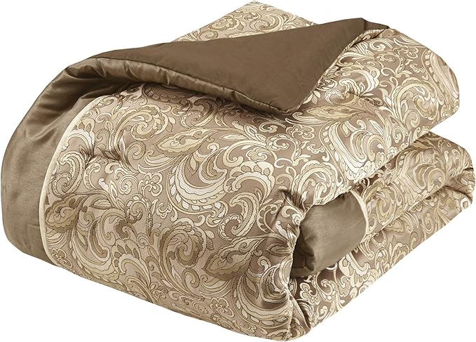 Madison Park Essentials Brystol 24 Piece Room in a Bag Faux Silk Comforter Jacquard Paisley Design Matching Curtains Down Alternative Hypoallergenic All Season Bedding-Set, Queen(90"x90"), Brown - LeafyLoom