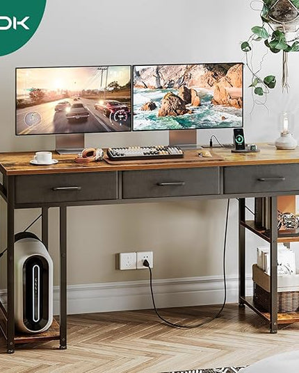 AODK 55 Inch Office Desk with Fabric Drawers & Power Outlets, Computer Desk with Storage Shelves & CPU Stand, Study Table, Writing Desk for Bedroom, Vintage - LeafyLoom