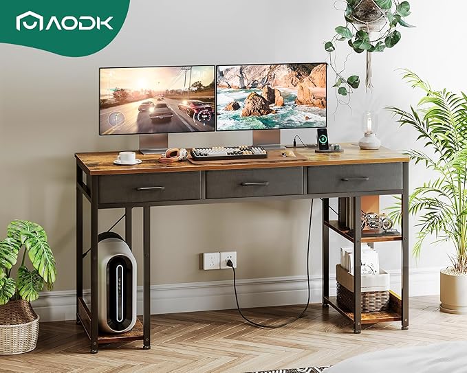 AODK 55 Inch Office Desk with Fabric Drawers & Power Outlets, Computer Desk with Storage Shelves & CPU Stand, Study Table, Writing Desk for Bedroom, Vintage - LeafyLoom