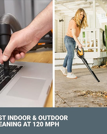 Worx 20V Cordless Leaf Blower WG545.1, Up to 120 MPH Air Speed, Long Nozzle Design for Narrow Spaces, Ideal for Indoor and Outdoor Cleaning, 9x Cleaning Attachments, Battery and Charger Included - LeafyLoom