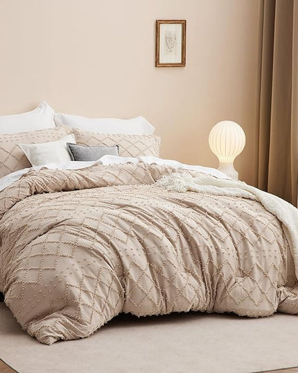 Bedsure King Size Comforter Set - Warm Tan Boho Tufted Shabby Chic Bedding Comforter Set, 3 Pieces Vintage Farmhouse Bed Set for All Seasons, Fluffy Soft Bedding Set with 2 Pillow Shams - LeafyLoom