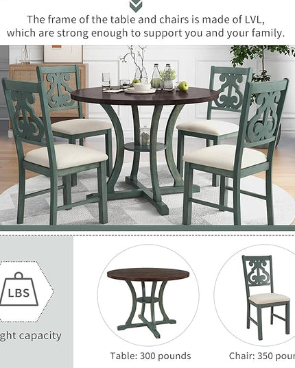 5 Piece Industrial Dinette Sets Wooden Kitchen Dining Table and 24 Matching Upholstered Chairs, for Diningroom Living Room, Easy to Assemble, Antique Blue - LeafyLoom