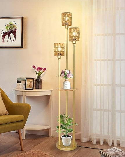 Boho Floor Lamp with Shelves, 3-Lights Farmhouse Tall Floor Lamp with ON/OFF Foot Switch, Gold Modern Floor Lamps with Rattan Shades, Rustic Standing Lamp for Living Room, Bedroom, Office - LeafyLoom