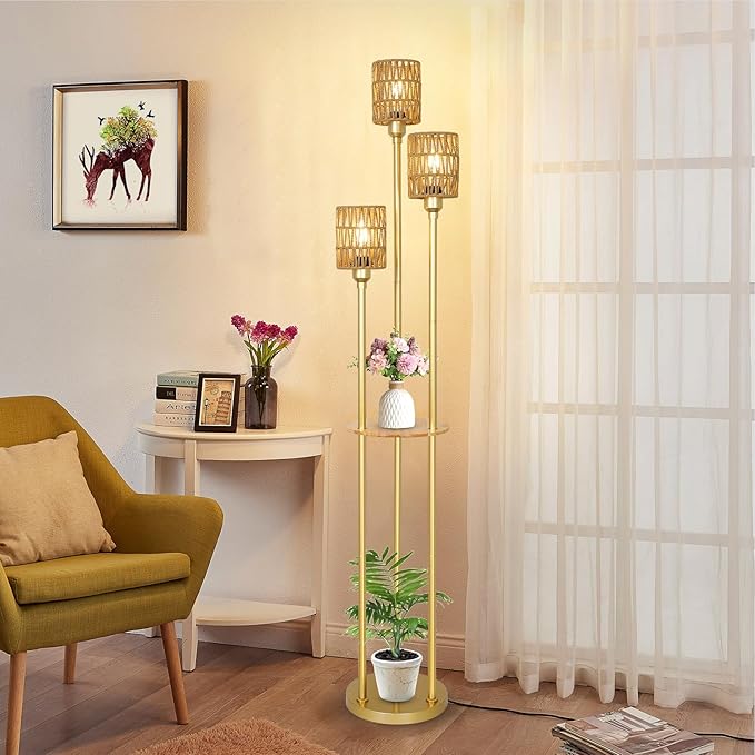 Boho Floor Lamp with Shelves, 3-Lights Farmhouse Tall Floor Lamp with ON/OFF Foot Switch, Gold Modern Floor Lamps with Rattan Shades, Rustic Standing Lamp for Living Room, Bedroom, Office - LeafyLoom