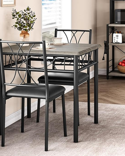 Dining Table Set for 2, Kitchen Table and Chairs for 2, Metal and Wood Square Dining Room Table Set with 2 Upholstered Chairs, 3 Piece Kitchen Table Set for Small Space, Apartment, Rustic Grey - LeafyLoom