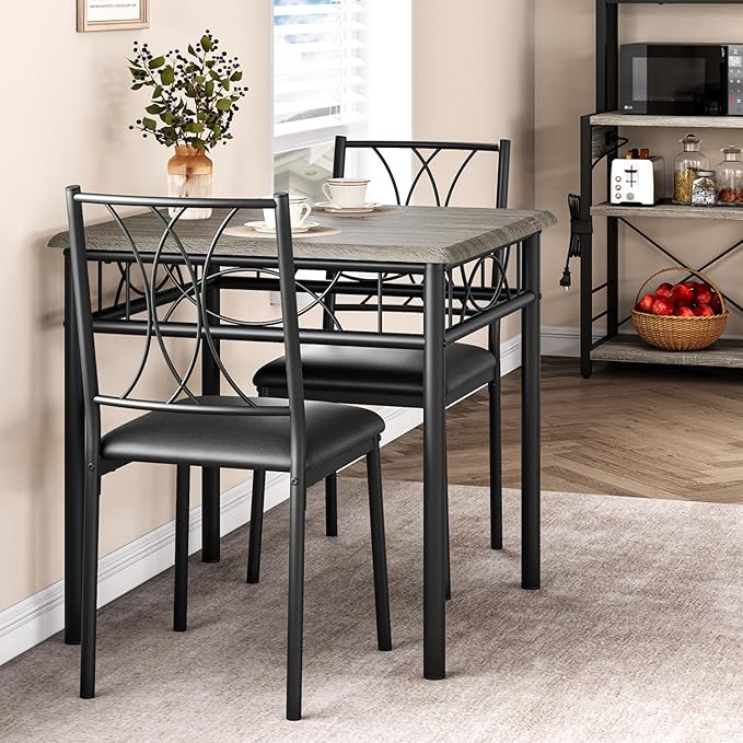 Dining Table Set for 2, Kitchen Table and Chairs for 2, Metal and Wood Square Dining Room Table Set with 2 Upholstered Chairs, 3 Piece Kitchen Table Set for Small Space, Apartment, Rustic Grey - LeafyLoom