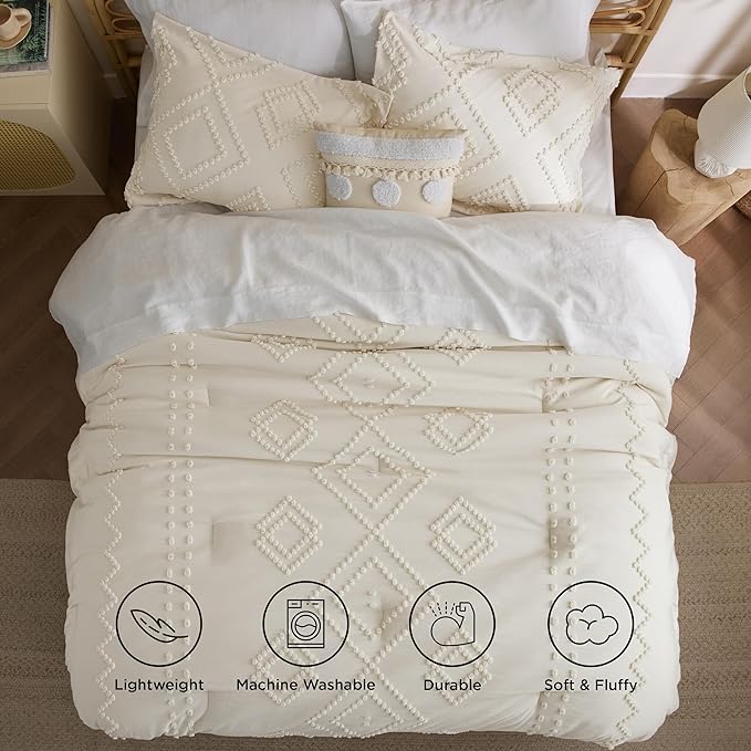 Bedsure Boho Comforter Set Full - Beige Tufted Bedding Comforter Set, 3 Pieces Farmhouse Shabby Chic Embroidery Bedding Set, Soft Geometric Pattern Comforter for All Seasons - LeafyLoom