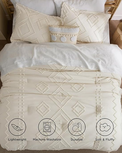 Bedsure Boho Comforter Set King - Mineral Blue Tufted Bedding Comforter Set, 3 Pieces Farmhouse Shabby Chic Embroidery Bedding Set, Soft Geometric Pattern Comforter for All Seasons - LeafyLoom