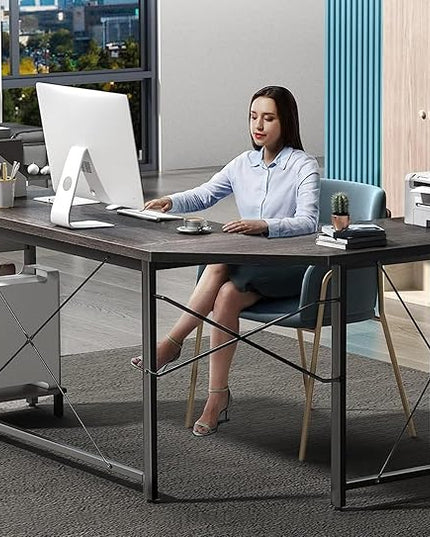 Coleshome 66" L Shaped Gaming Desk, Corner Computer Desk, Sturdy Home Office Computer Table, Writing Desk, Larger Gaming Desk Workstation, Grey Oak - LeafyLoom