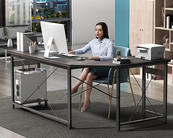 Coleshome 66" L Shaped Gaming Desk, Corner Computer Desk, Sturdy Home Office Computer Table, Writing Desk, Larger Gaming Desk Workstation, Grey Oak - LeafyLoom