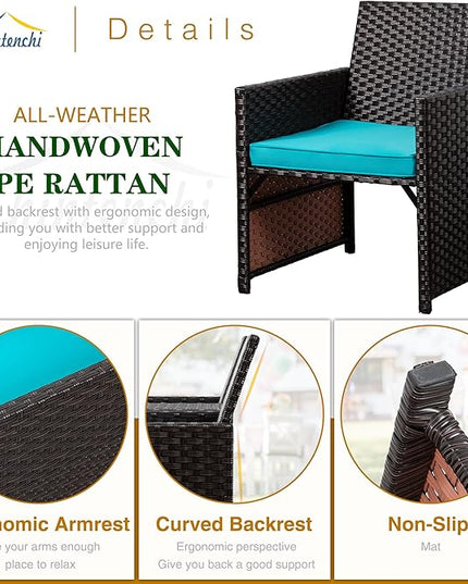 Shintenchi Wicker Patio Conversation Furniture Set with Detachable Chairs & Table and Two Removable Cushions,Rattan Wicker Lover Chair for Patio,Garden, Courtyard and Lawn Backyard (Blue) - LeafyLoom