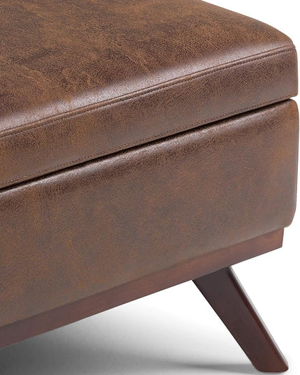 SIMPLIHOME Owen 36 Inch Wide Mid Century Modern Square Coffee Table Lift Top Storage Ottoman in Upholstered Distressed Chestnut Brown Faux Leather, For the Living Room - LeafyLoom