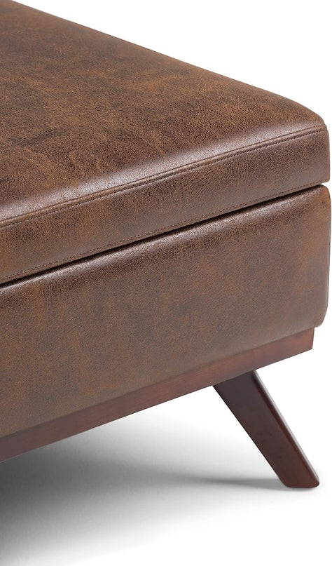SIMPLIHOME Owen 36 Inch Wide Mid Century Modern Square Coffee Table Lift Top Storage Ottoman in Upholstered Distressed Chestnut Brown Faux Leather, For the Living Room - LeafyLoom