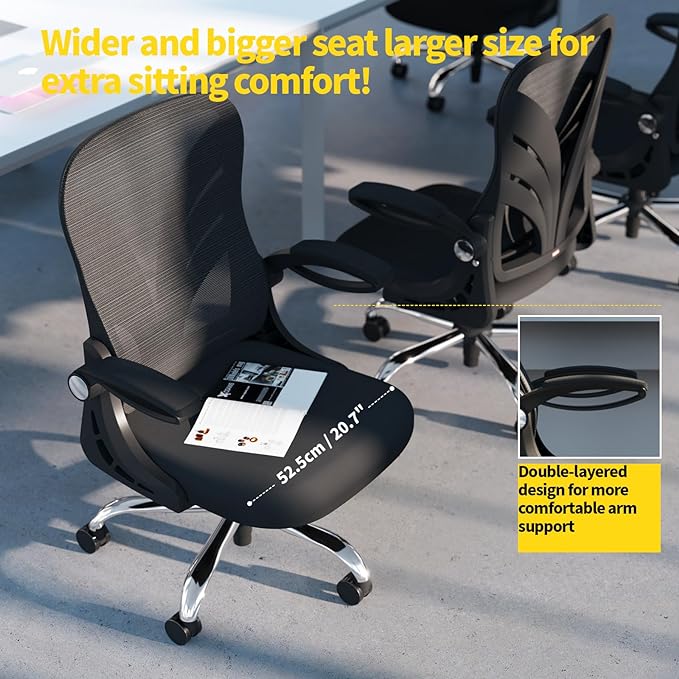 Ergonomic Office Chair with Foldable Backrest, Computer Desk Chair with Flip-up Armrests, Mesh Lumbar Support and Tilt Function Big and Tall Office Chair, Black - LeafyLoom