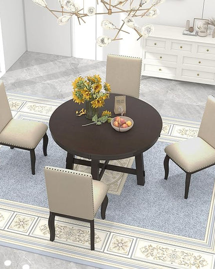 5-Piece Wood Dinette Sets Round Extendable Kitchen Dining Table, 4 Upholstered Chairs, for Diningroom Living Room, Easy to Assemble, Espresso 4 - LeafyLoom