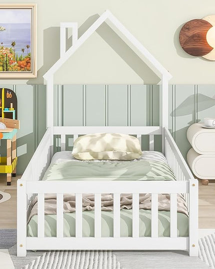 Twin Size Kids Montessori Floor Bed,House-Shaped Headboard Floor Bed for Kids,Floor Bed with Fence and Door,House Bed Twin Frame for Girls,Boys(Twin,White) - LeafyLoom