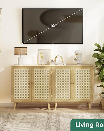 Buffet Cabinet with Storage, Storage Cabinet with PE Rattan Decor Doors, Accent Cabinet with Solid Wood Feet, Sideboard Cabinet for Hallway, Entry, Living Room, Natural - LeafyLoom