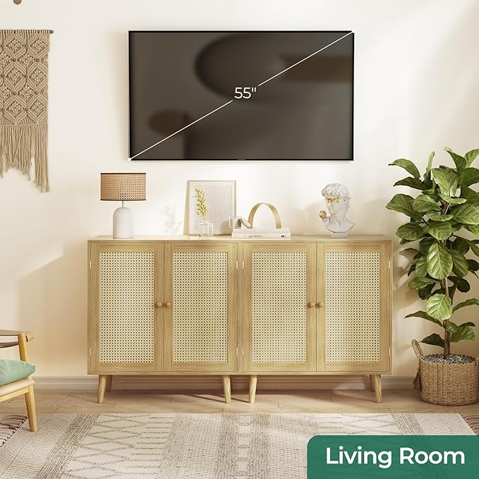 Buffet Cabinet with Storage, Storage Cabinet with PE Rattan Decor Doors, Accent Cabinet with Solid Wood Feet, Sideboard Cabinet for Hallway, Entry, Living Room, Natural - LeafyLoom