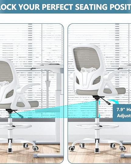 Drafting Chair Tall Office Chair for Standing Desk Adjustable Tall Desk Chair with Footrest Ring and Lumbar Support Ergonomic Computer Chair with Flip-up Armrests (Grey) - LeafyLoom