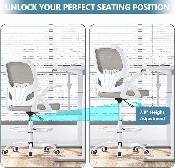 Drafting Chair Tall Office Chair for Standing Desk Adjustable Tall Desk Chair with Footrest Ring and Lumbar Support Ergonomic Computer Chair with Flip-up Armrests (Grey) - LeafyLoom