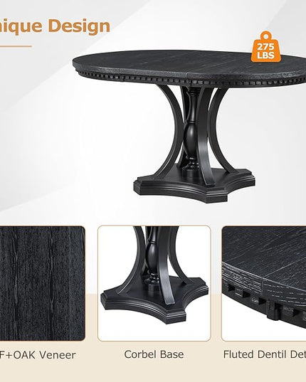 5-Piece Retro Elegant Extendable Round Dining Table Set with 4 Curved Armrest Upholstered Chairs for Kitchen, Breakfast Nook, Living Room, Oak, 42"-58" L x 42" W x 30" H, Black(Armchairs) - LeafyLoom