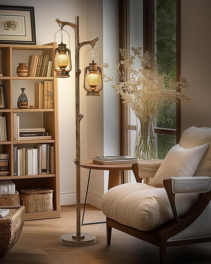 68" Rustic Farmhouse Tree Trunk Floor Lamp Country Brown Finish Wood Vintage Standing Tall Lamp with lantern Stepless Dimmable Industrial floor Lamp Decor for Bedroom Living Room Office Hotel - LeafyLoom