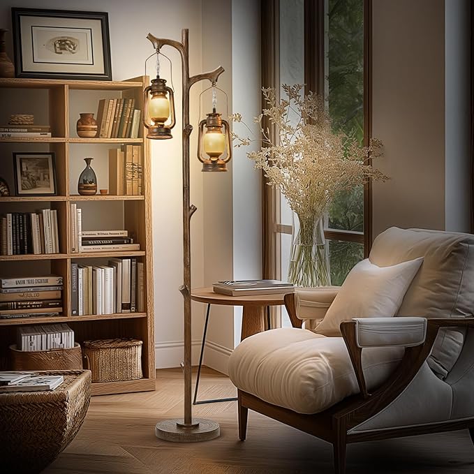 68" Rustic Farmhouse Tree Trunk Floor Lamp Country Brown Finish Wood Vintage Standing Tall Lamp with lantern Stepless Dimmable Industrial floor Lamp Decor for Bedroom Living Room Office Hotel - LeafyLoom