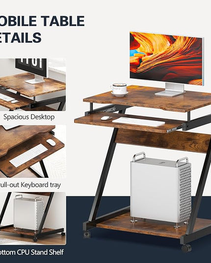 sogesfurniture Retro Computer Desk, Small Mobile Workstation with Keyboard Tray, Printer Shelf & Storage, 23.6x18.9x28.7 inches, Engineered Wood, for Home and Office - LeafyLoom