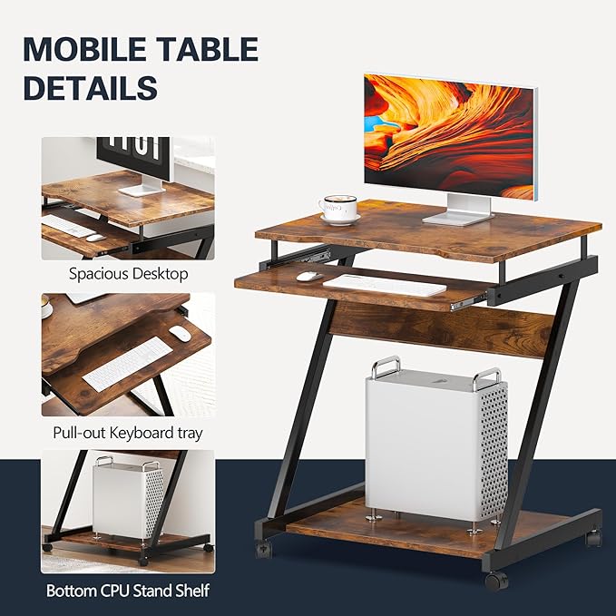 sogesfurniture Retro Computer Desk, Small Mobile Workstation with Keyboard Tray, Printer Shelf & Storage, 23.6x18.9x28.7 inches, Engineered Wood, for Home and Office - LeafyLoom