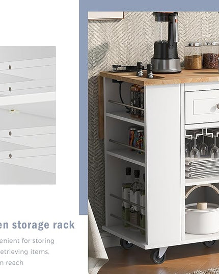 Kitchen Island Drop Leaf & Power Outlet, Mobile Cart w/Open Storage Wine Rack, Lockable Universal Wheels and Unfolded Tabletop, for Home, Dining Room, White, 39.8 Inch - LeafyLoom