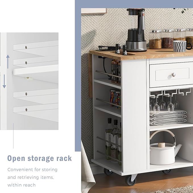 Kitchen Island Drop Leaf & Power Outlet, Mobile Cart w/Open Storage Wine Rack, Lockable Universal Wheels and Unfolded Tabletop, for Home, Dining Room, White, 39.8 Inch - LeafyLoom