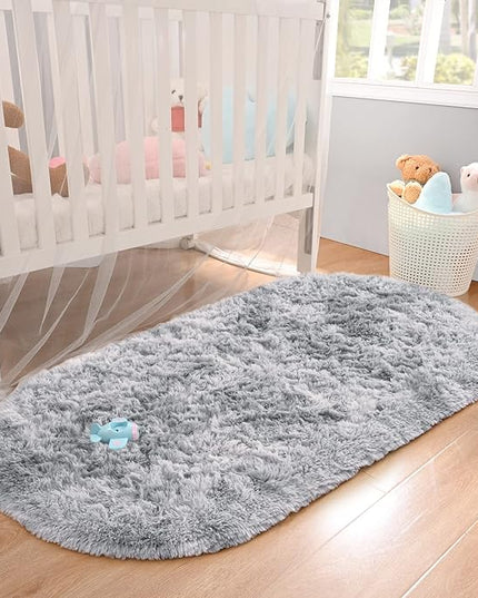 Merelax Soft Shaggy Rug for Kids Bedroom, Oval 2.6'x5.3' Plush Fluffy Rugs for Living Room, Furry Carpet for Teen Girls Room, Anti-Skid Fuzzy Comfy Rug for Nursery, Cute Baby Play Mat,Tie-dyed Grey - LeafyLoom