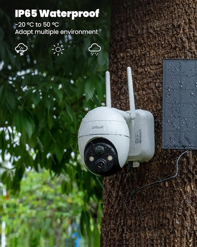 ieGeek Security Cameras Wireless Outdoor, 2K WiFi Home Security System 360° PTZ Camera 2 Pack, Solar/Battery Powered Cam with Spotlight/Siren/AI/Motion Sensor/3MP Color Night Vision, Works with Alexa ieGeek