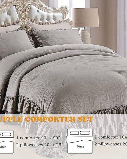 Grey Shabby Comforter Set Queen,Farmhouse Rustic Microfiber Bedding Ruffled Comforter Set,Vintage Gray Ruffle Comforter for Queen Bed Fluffy Aesthetic Bedding 3 Pieces - LeafyLoom