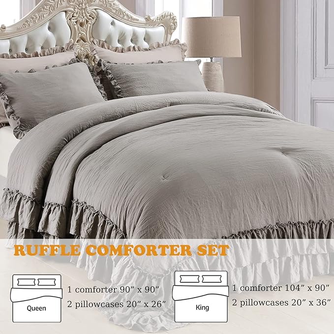 Grey Shabby Comforter Set Queen,Farmhouse Rustic Microfiber Bedding Ruffled Comforter Set,Vintage Gray Ruffle Comforter for Queen Bed Fluffy Aesthetic Bedding 3 Pieces - LeafyLoom