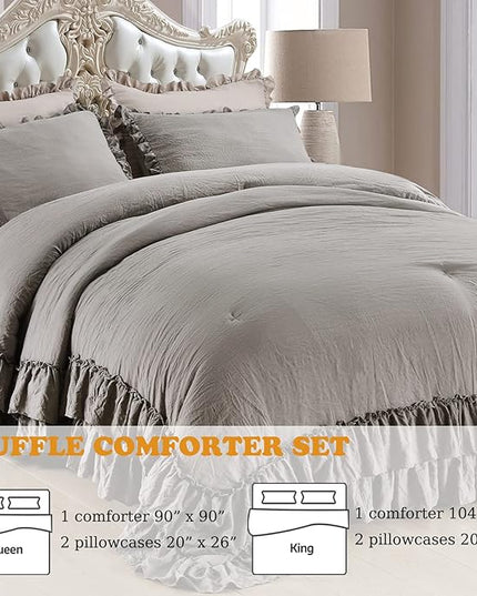 Gray Ruffled Comforter Set King,Farmhouse Shabby Boho Chic Bedding Comforter Lightweight Fluffy Aesthetic Vintage Rustic Bedding 3 Pieces (1 Ruffle Comforter and 2 Pillowcases) - LeafyLoom