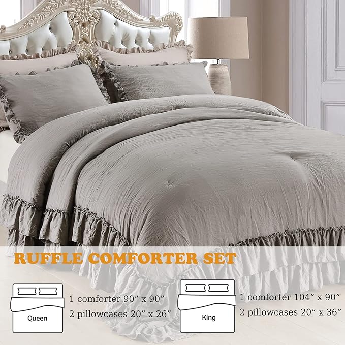 Gray Ruffled Comforter Set King,Farmhouse Shabby Boho Chic Bedding Comforter Lightweight Fluffy Aesthetic Vintage Rustic Bedding 3 Pieces (1 Ruffle Comforter and 2 Pillowcases) - LeafyLoom
