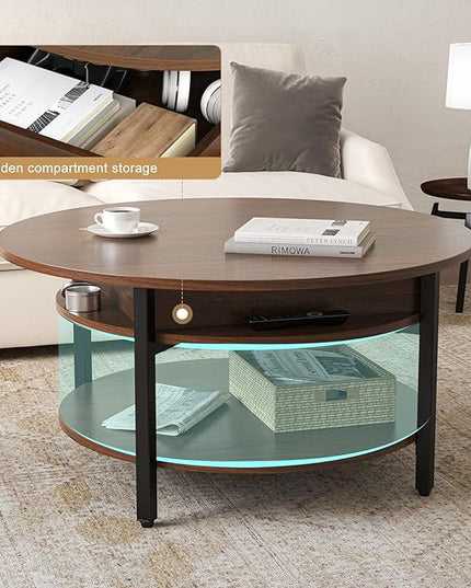 FABATO Round Lift Top Coffee Table for Living Room, 35.43'' Round Coffee Table with Storage and Hidden Compartment, 2 Tier Large Farmhouse Coffee Table Round Dining Table, Espresso - LeafyLoom