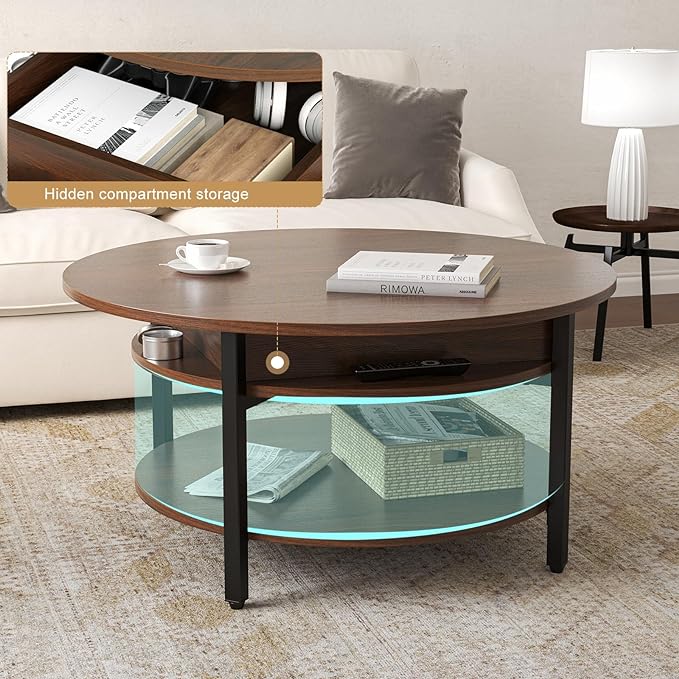 FABATO Round Lift Top Coffee Table for Living Room, 35.43'' Round Coffee Table with Storage and Hidden Compartment, 2 Tier Large Farmhouse Coffee Table Round Dining Table, Espresso - LeafyLoom