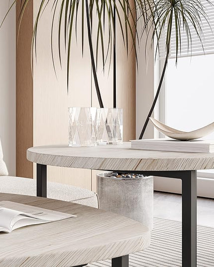 Round Coffee Table Set of 2 End Tables for Living Room,Black Small Coffee Table Living Room Table,Metal Frame & Wood Look,Sturdy and Easy Assembly,Stacking Side Tables Bedroom,White - LeafyLoom