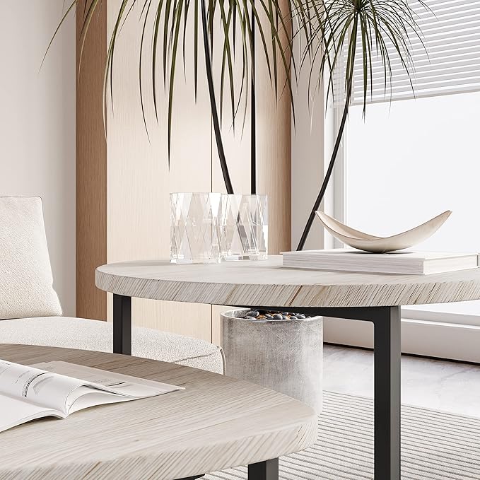 Round Coffee Table Set of 2 End Tables for Living Room,Black Small Coffee Table Living Room Table,Metal Frame & Wood Look,Sturdy and Easy Assembly,Stacking Side Tables Bedroom,White - LeafyLoom