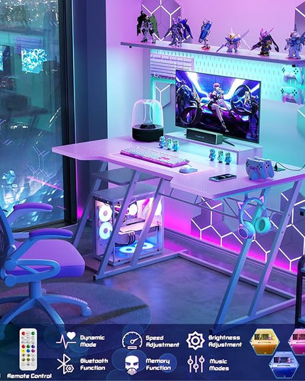 Gaming Computer Desk with Outlets and Storage Shelves, Pink Gaming Desk with Hutch and LED Lights, PC Gaming Desk with Pegboard for Bedroom, Carbon Fiber Pink, 47'' - LeafyLoom