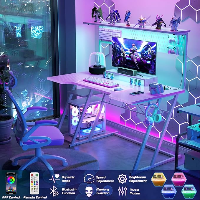 Gaming Computer Desk with Outlets and Storage Shelves, Pink Gaming Desk with Hutch and LED Lights, PC Gaming Desk with Pegboard for Bedroom, Carbon Fiber Pink, 47'' - LeafyLoom